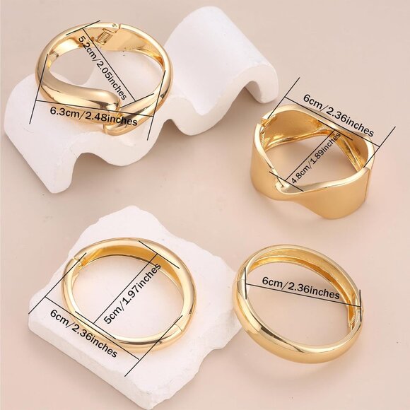 Women Chunky Bangle Bracelets Set Gold Wide Wrist Cuff Jewelry Gift - Picture 5 of 6